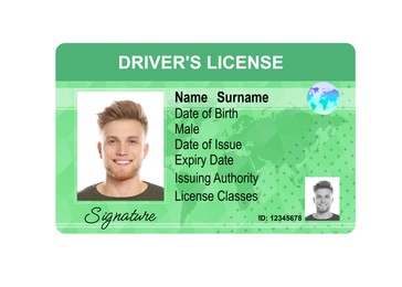 Image of Driver's license with photo of man and world map illustration isolated on white