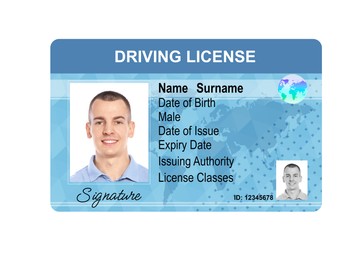 Image of Driver's license with photo of man and world map illustration isolated on white