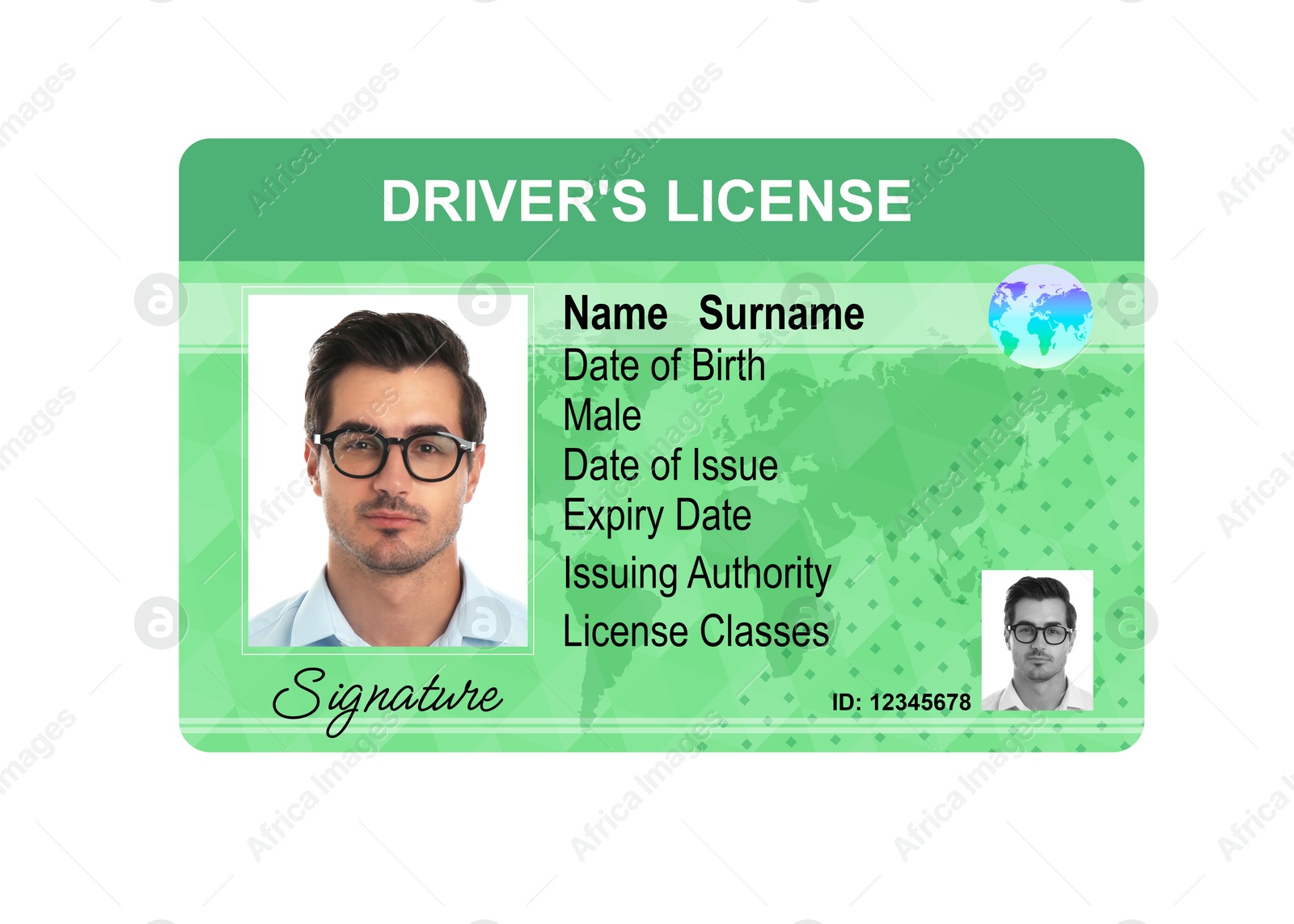 Image of Driver's license with photo of man and world map illustration isolated on white