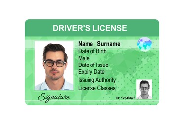 Image of Driver's license with photo of man and world map illustration isolated on white