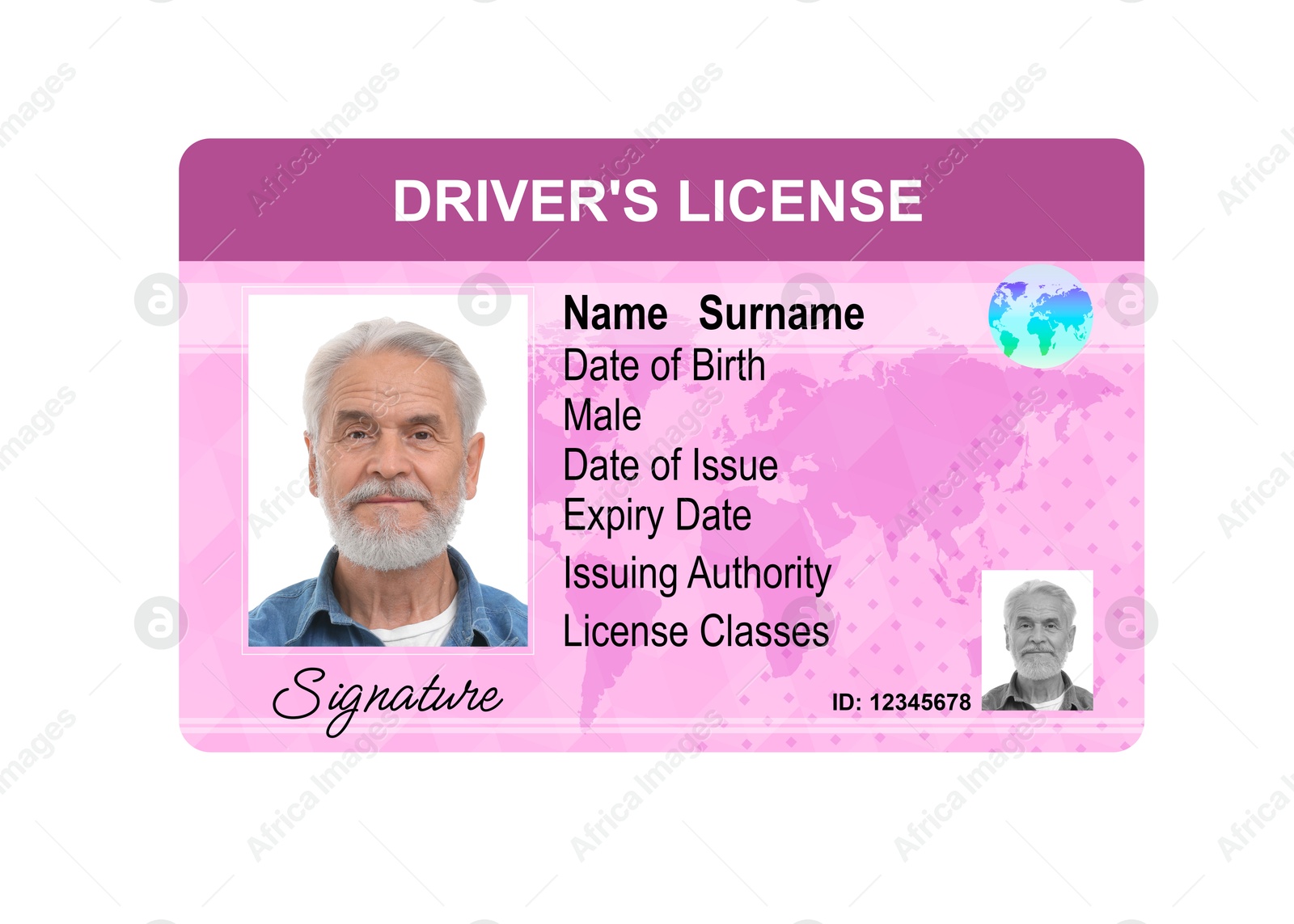 Image of Driver's license with photo of man and world map illustration isolated on white