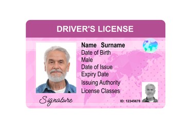 Image of Driver's license with photo of man and world map illustration isolated on white