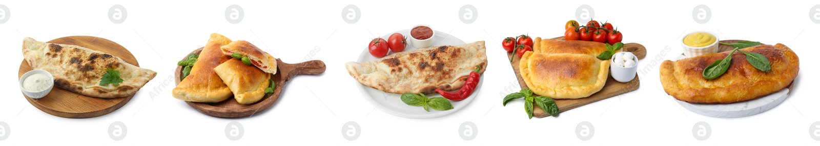 Image of Different delicious calzones isolated on white, set