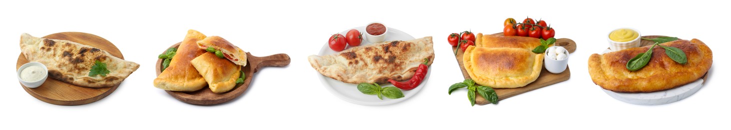 Image of Different delicious calzones isolated on white, set