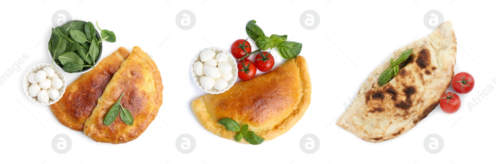 Image of Delicious calzones isolated on white, set. Top view