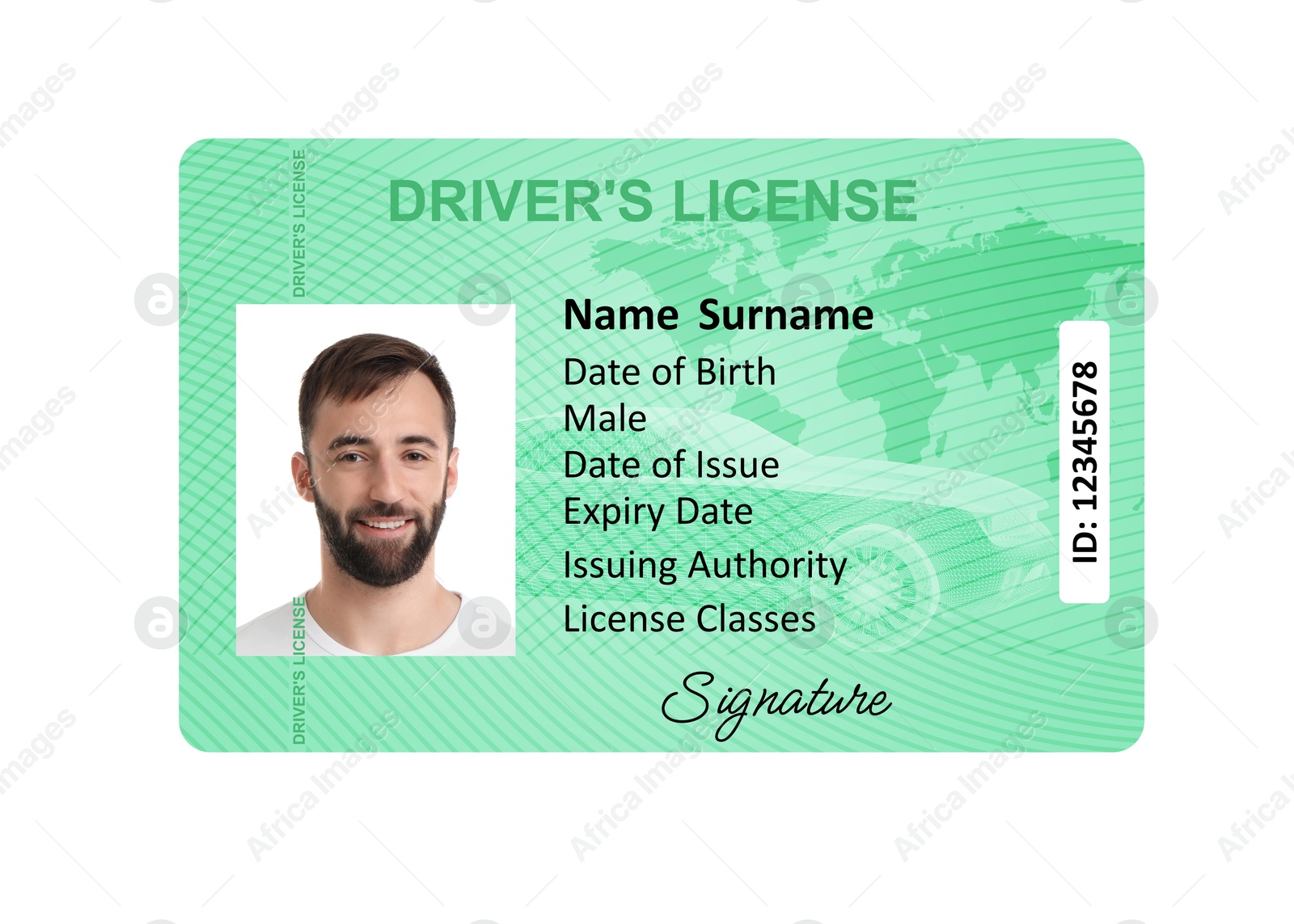 Image of Driver's license with photo of man and world map illustration isolated on white