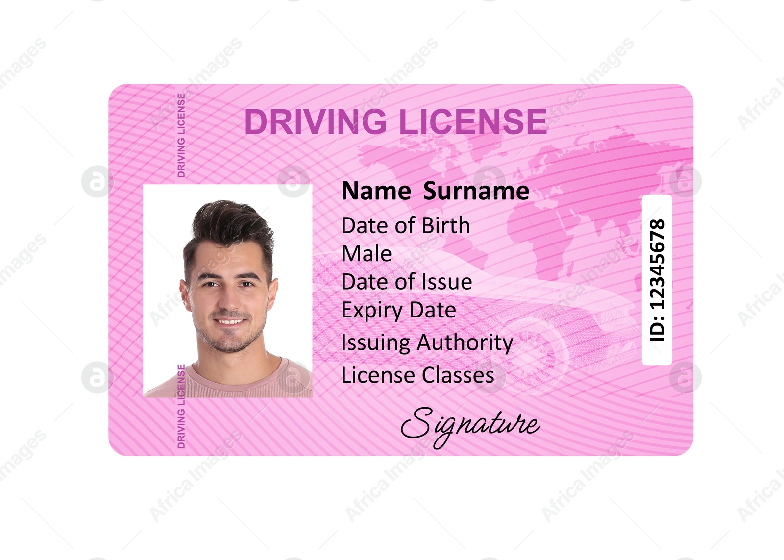 Image of Driver's license with photo of man and world map illustration isolated on white