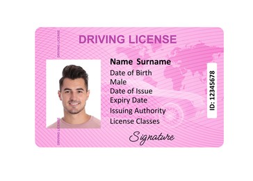 Image of Driver's license with photo of man and world map illustration isolated on white