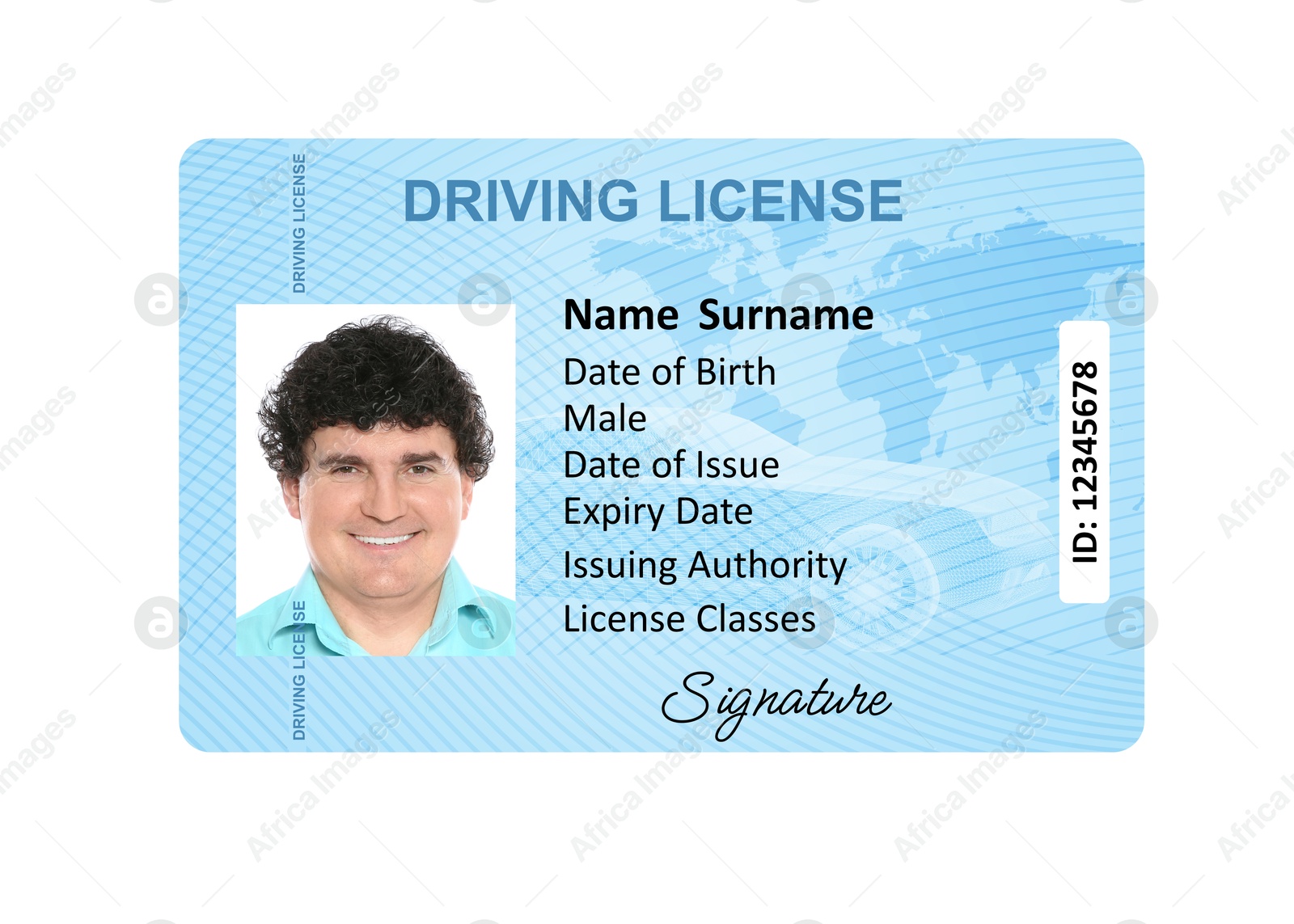 Image of Driver's license with photo of man and world map illustration isolated on white