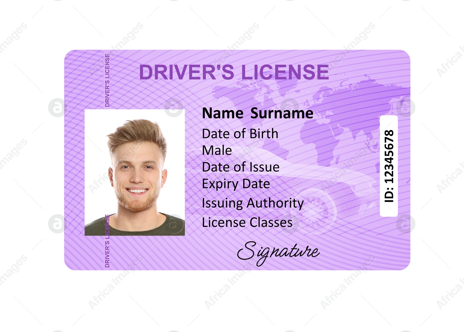 Image of Driver's license with photo of man and world map illustration isolated on white