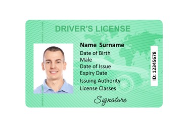 Image of Driver's license with photo of man and world map illustration isolated on white