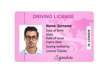 Image of Driver's license with photo of man and world map illustration isolated on white