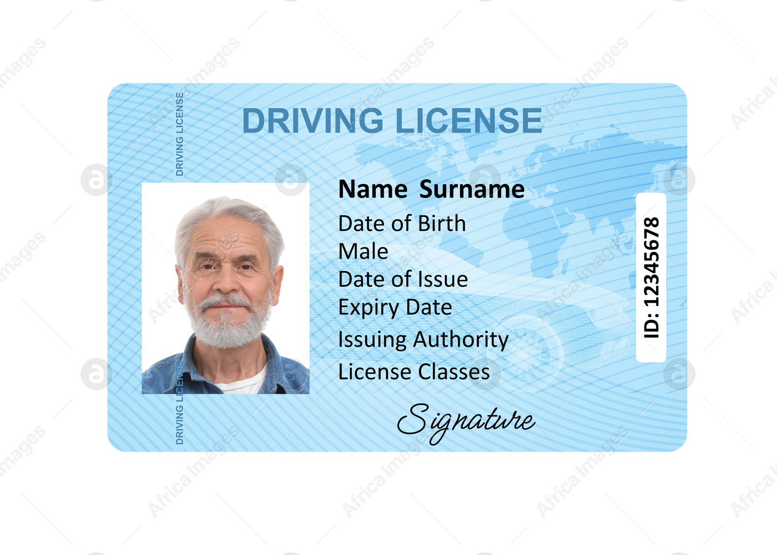 Image of Driver's license with photo of man and world map illustration isolated on white