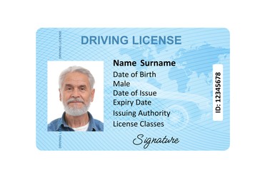 Image of Driver's license with photo of man and world map illustration isolated on white