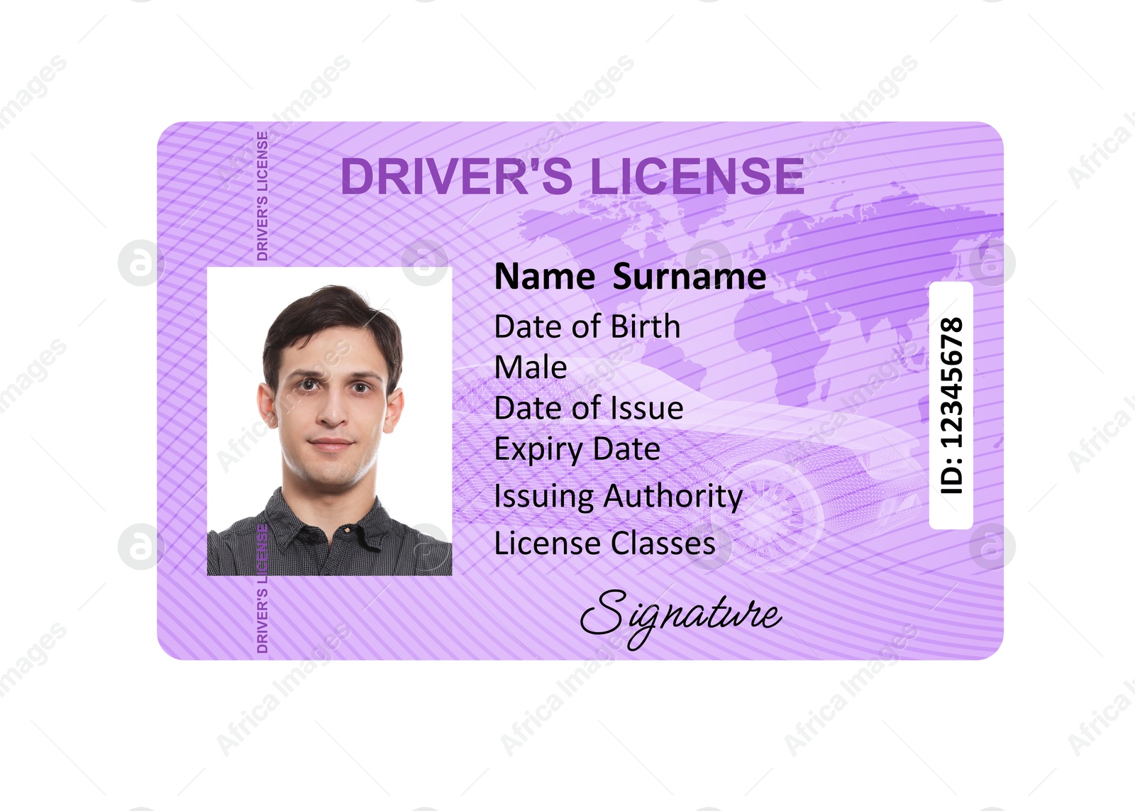 Image of Driver's license with photo of man and world map illustration isolated on white