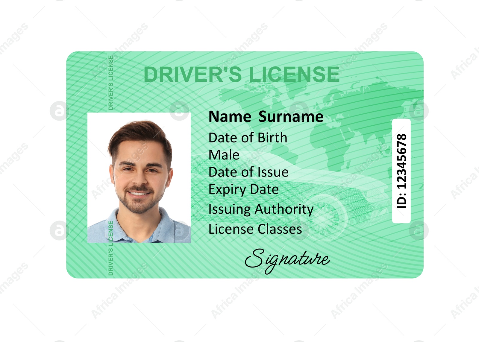 Image of Driver's license with photo of man and world map illustration isolated on white