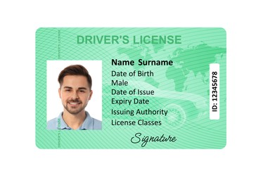 Image of Driver's license with photo of man and world map illustration isolated on white