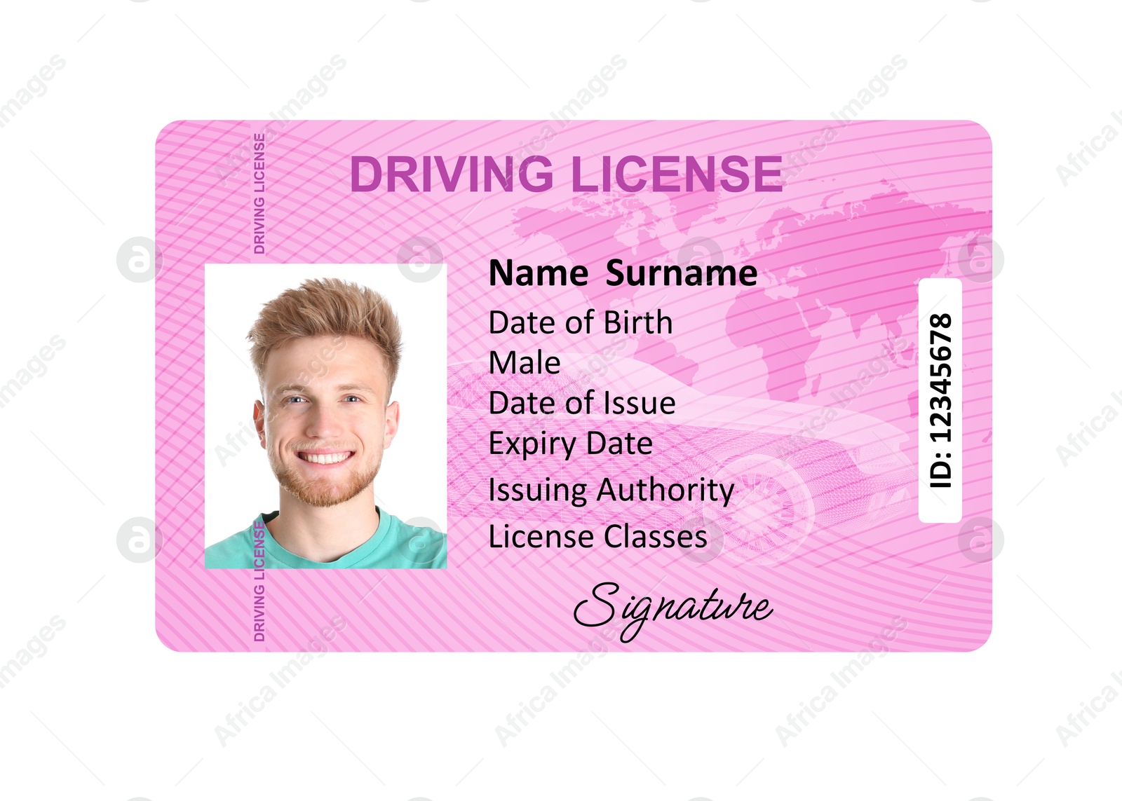 Image of Driver's license with photo of man and world map illustration isolated on white