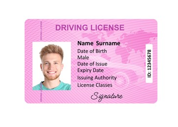 Image of Driver's license with photo of man and world map illustration isolated on white