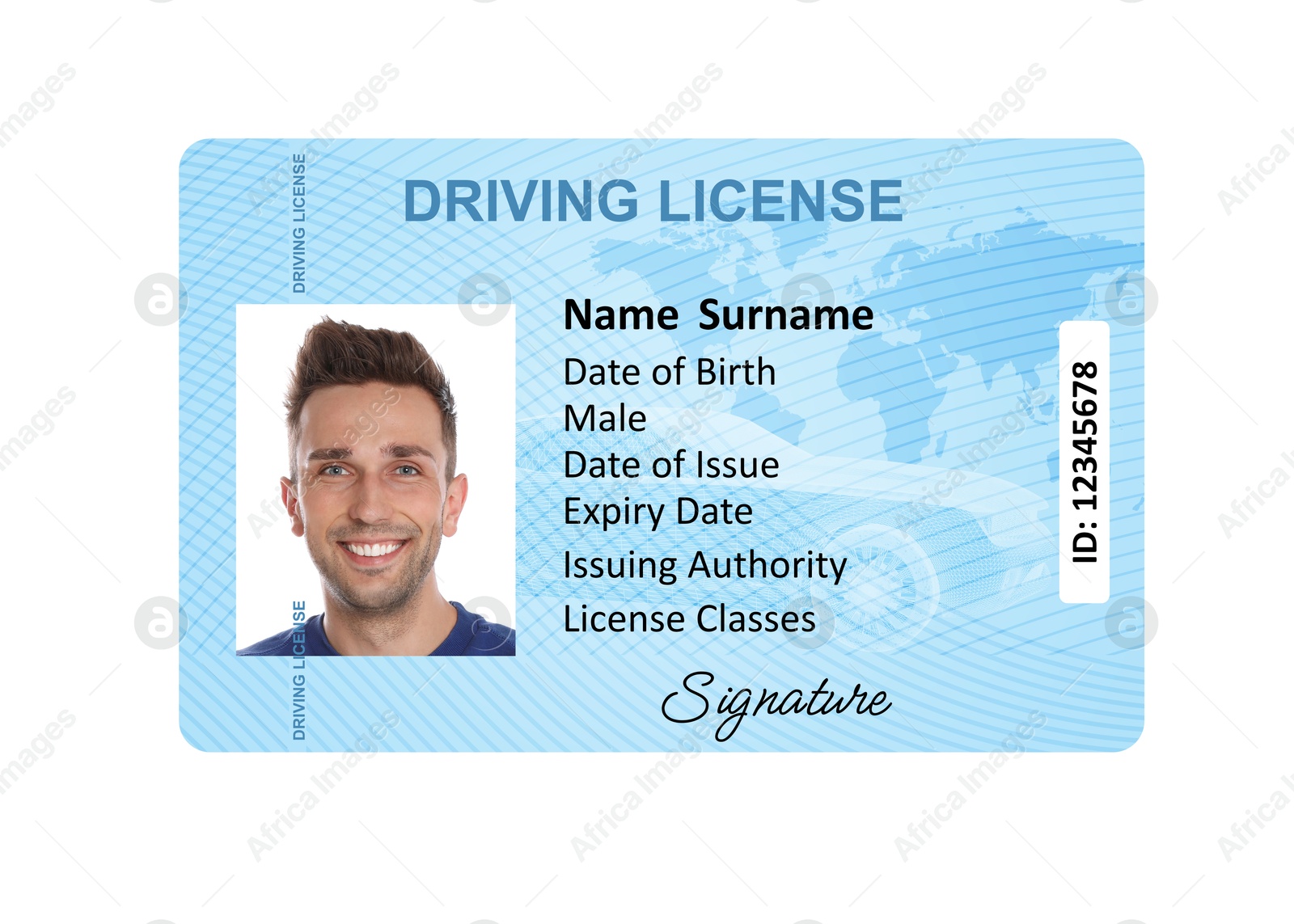 Image of Driver's license with photo of man and world map illustration isolated on white