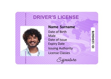 Image of Driver's license with photo of man and world map illustration isolated on white