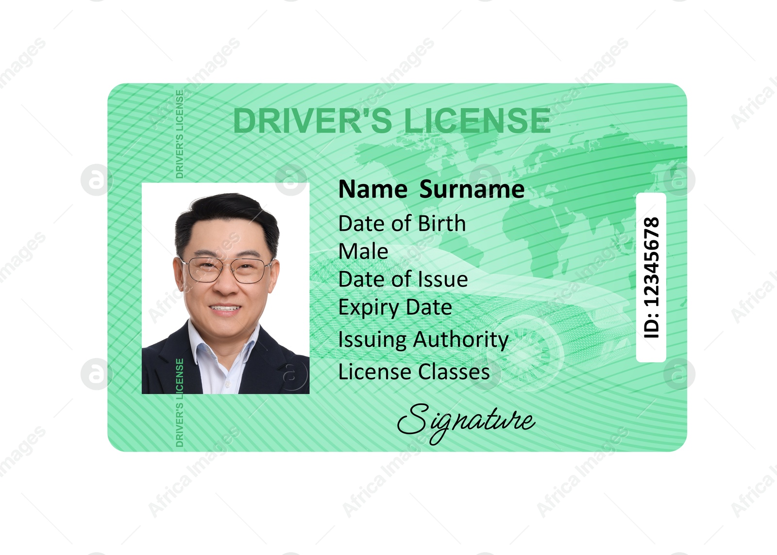 Image of Driver's license with photo of man and world map illustration isolated on white