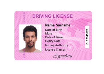 Image of Driver's license with photo of man and world map illustration isolated on white