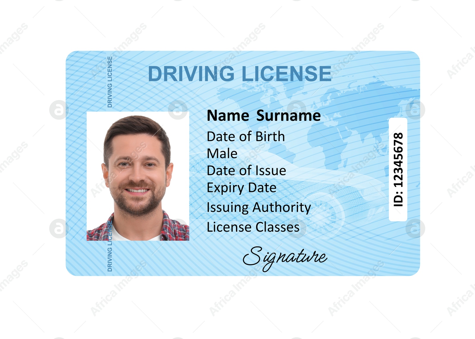 Image of Driver's license with photo of man and world map illustration isolated on white