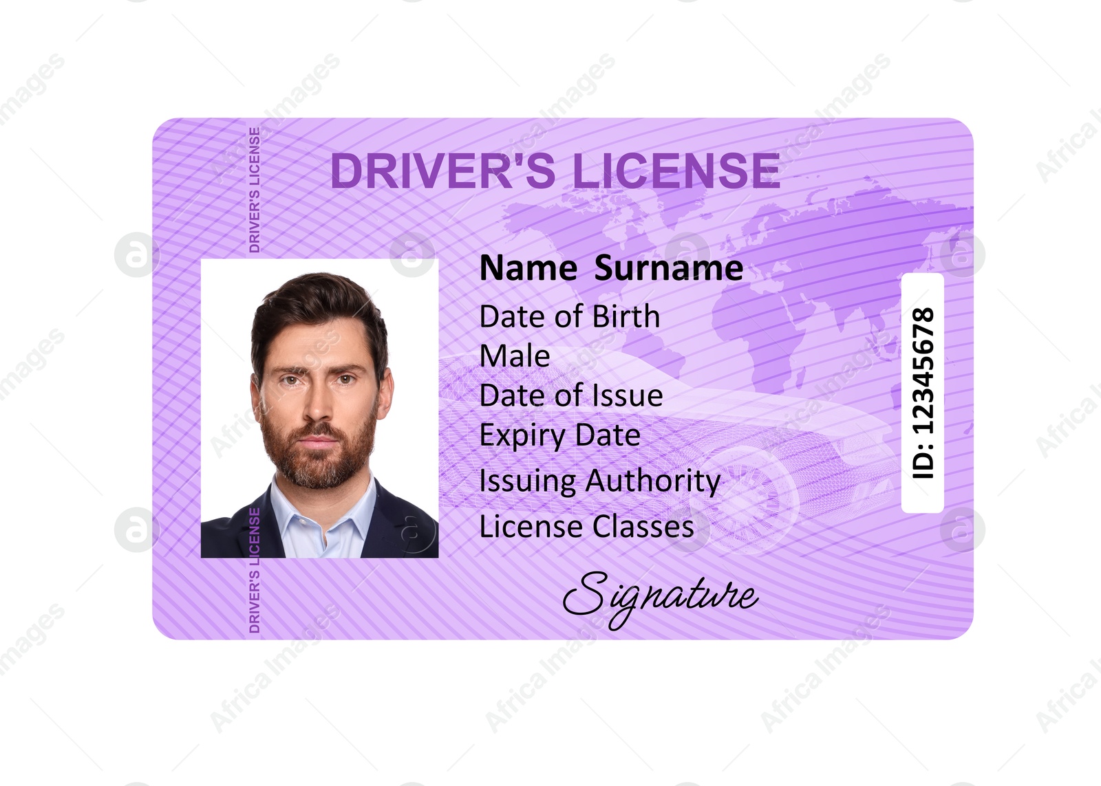 Image of Driver's license with photo of man and world map illustration isolated on white