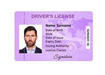 Image of Driver's license with photo of man and world map illustration isolated on white