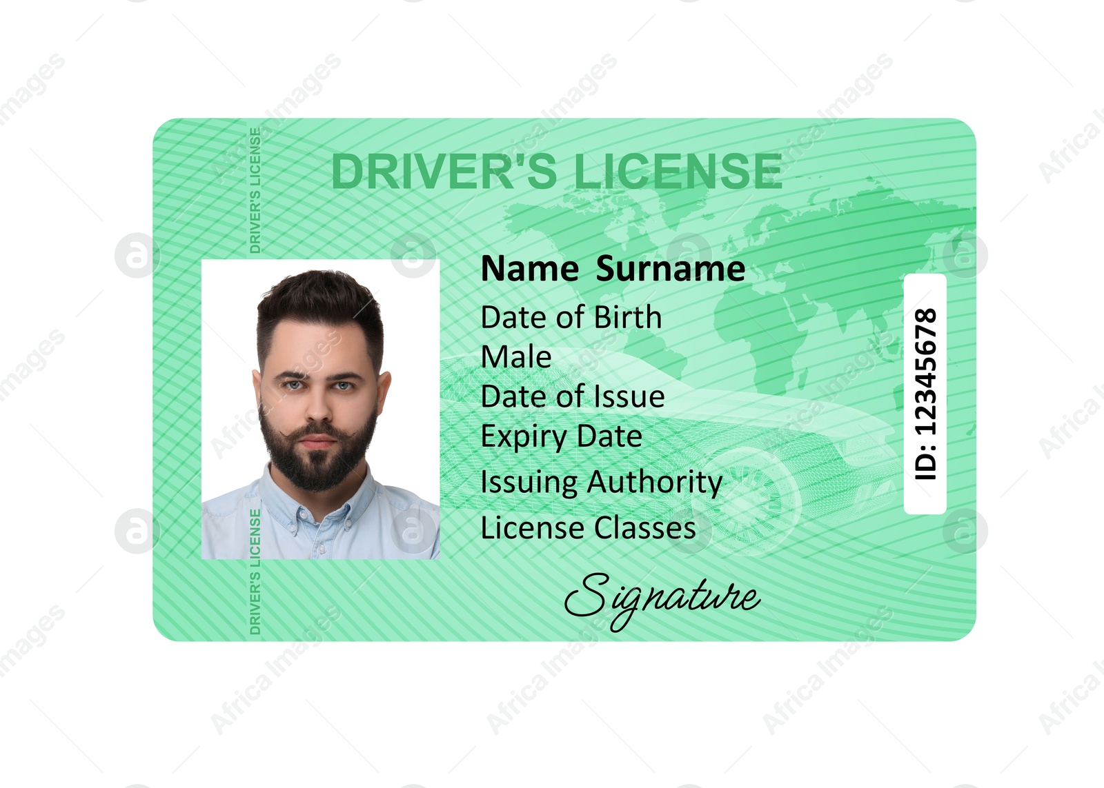 Image of Driver's license with photo of man and world map illustration isolated on white