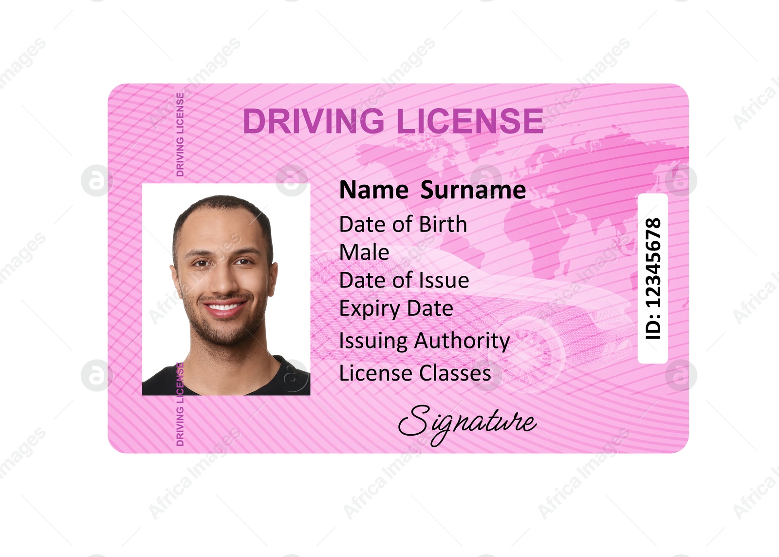 Image of Driver's license with photo of man and world map illustration isolated on white