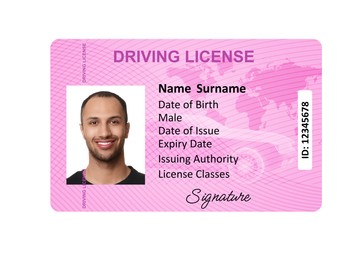 Image of Driver's license with photo of man and world map illustration isolated on white