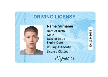 Image of Driver's license with photo of man and world map illustration isolated on white