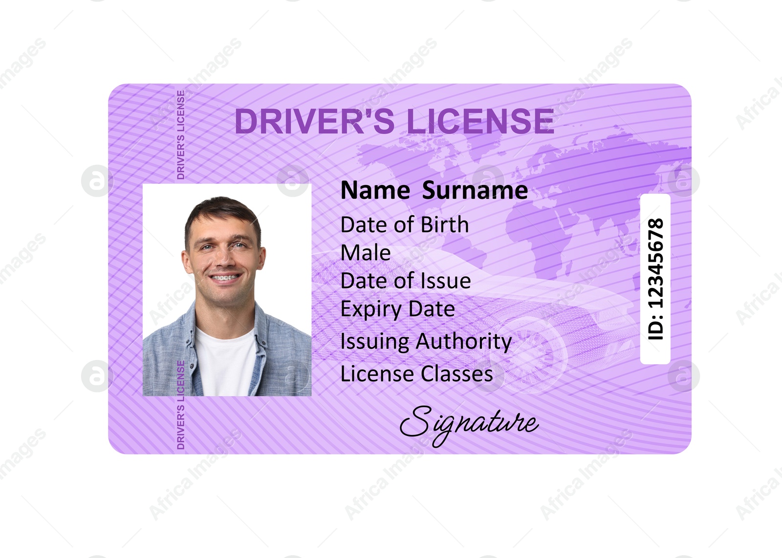 Image of Driver's license with photo of man and world map illustration isolated on white