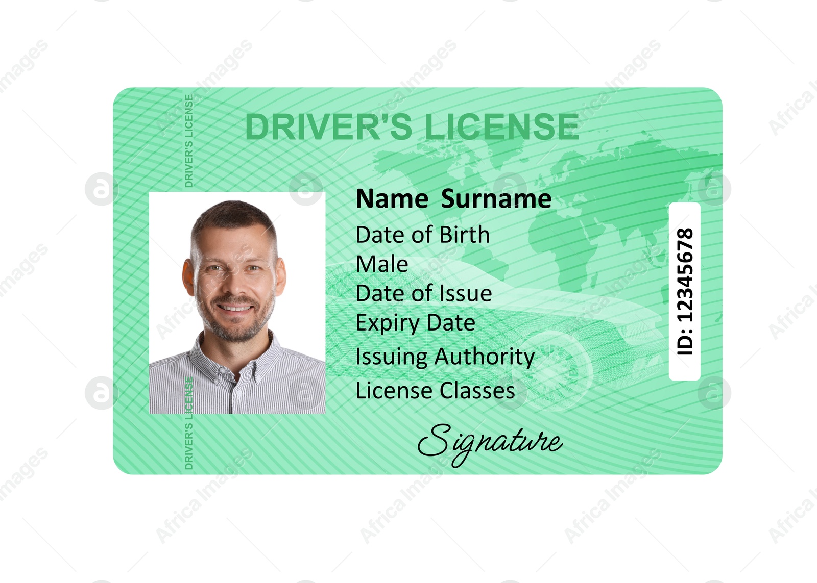 Image of Driver's license with photo of man and world map illustration isolated on white