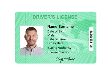 Image of Driver's license with photo of man and world map illustration isolated on white