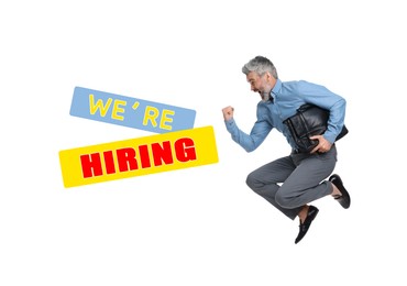 Image of We're hiring. Happy businessman with briefcase jumping on white background. Human resource, recruitment concept