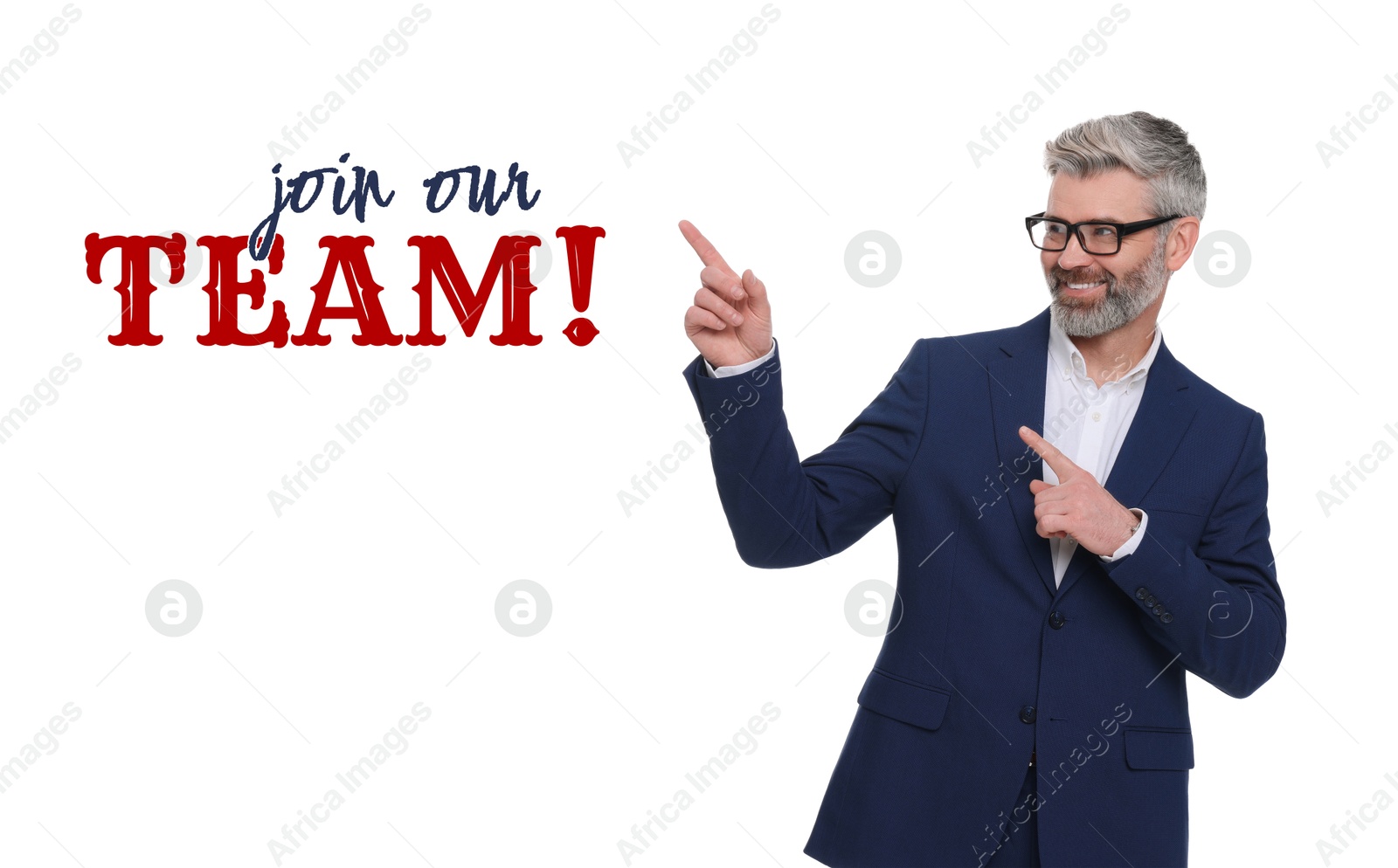 Image of Businessman pointing at text Join Our Team on white background. Human resource, recruitment concept