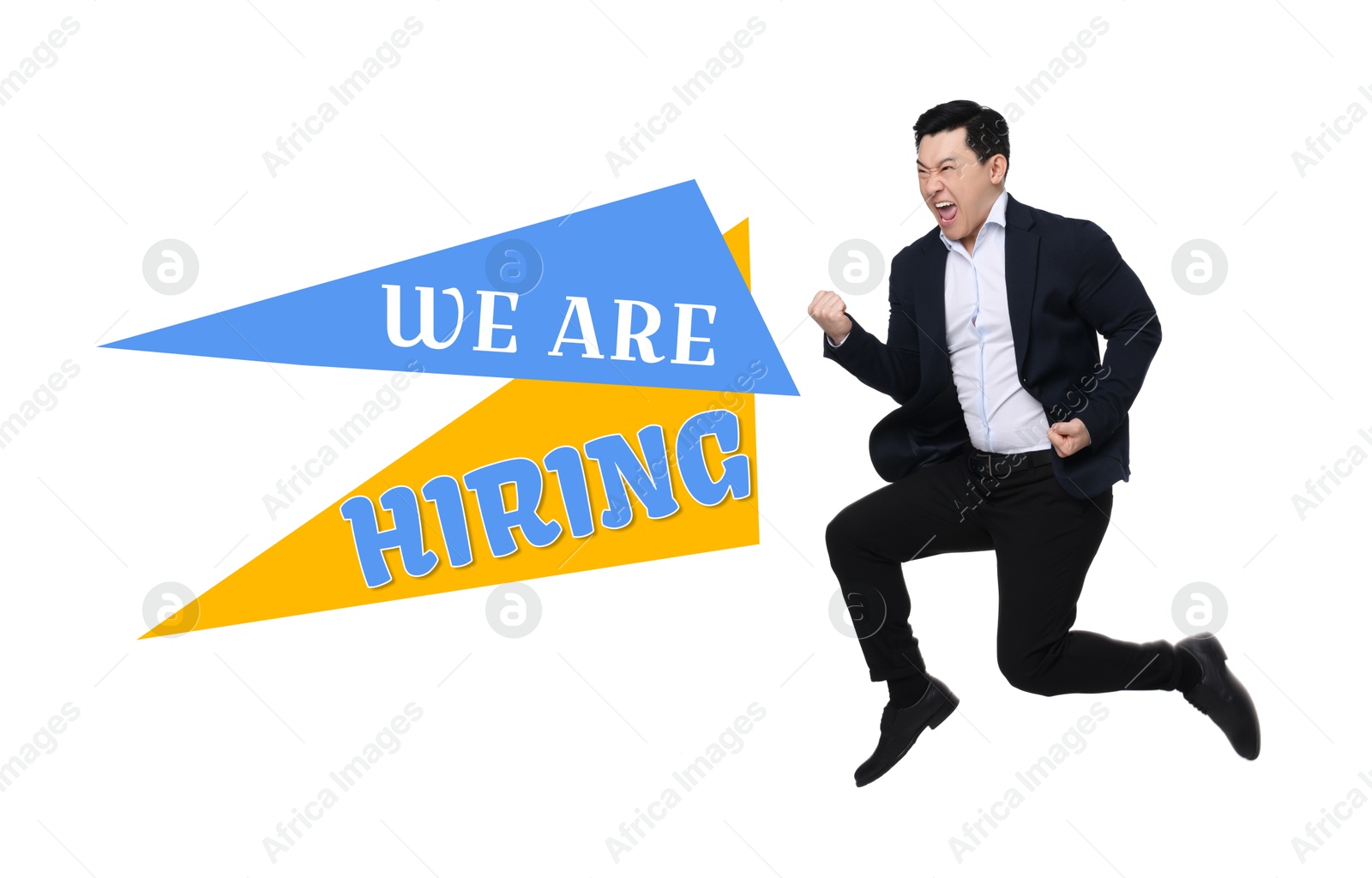 Image of We're hiring. Happy businessman jumping on white background. Human resource, recruitment concept