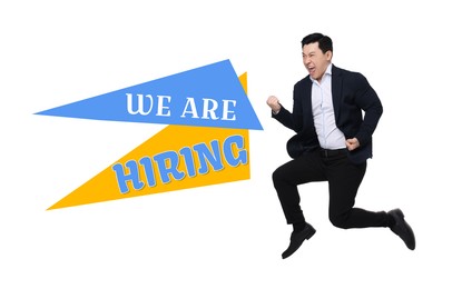 Image of We're hiring. Happy businessman jumping on white background. Human resource, recruitment concept