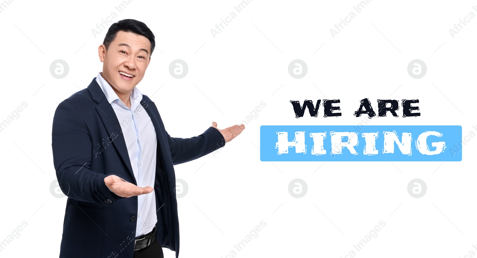 Image of We are hiring. Happy businessman welcoming on white background, banner design. Human resource, recruitment concept