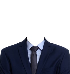 Image of Passport photo, ID card or other document photo. Formal outfit without face for replacement isolated on white