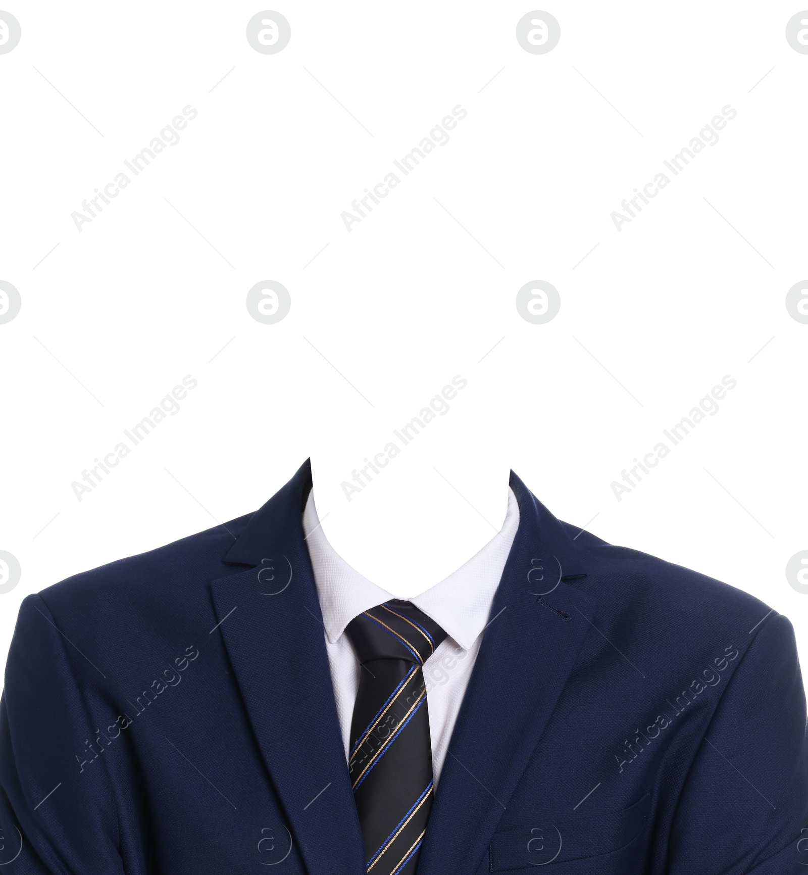 Image of Passport photo, ID card or other document photo. Formal outfit without face for replacement isolated on white