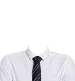 Image of Passport photo, ID card or other document photo. Formal outfit without face for replacement isolated on white