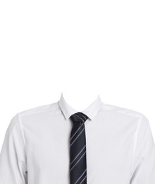 Image of Passport photo, ID card or other document photo. Formal outfit without face for replacement isolated on white