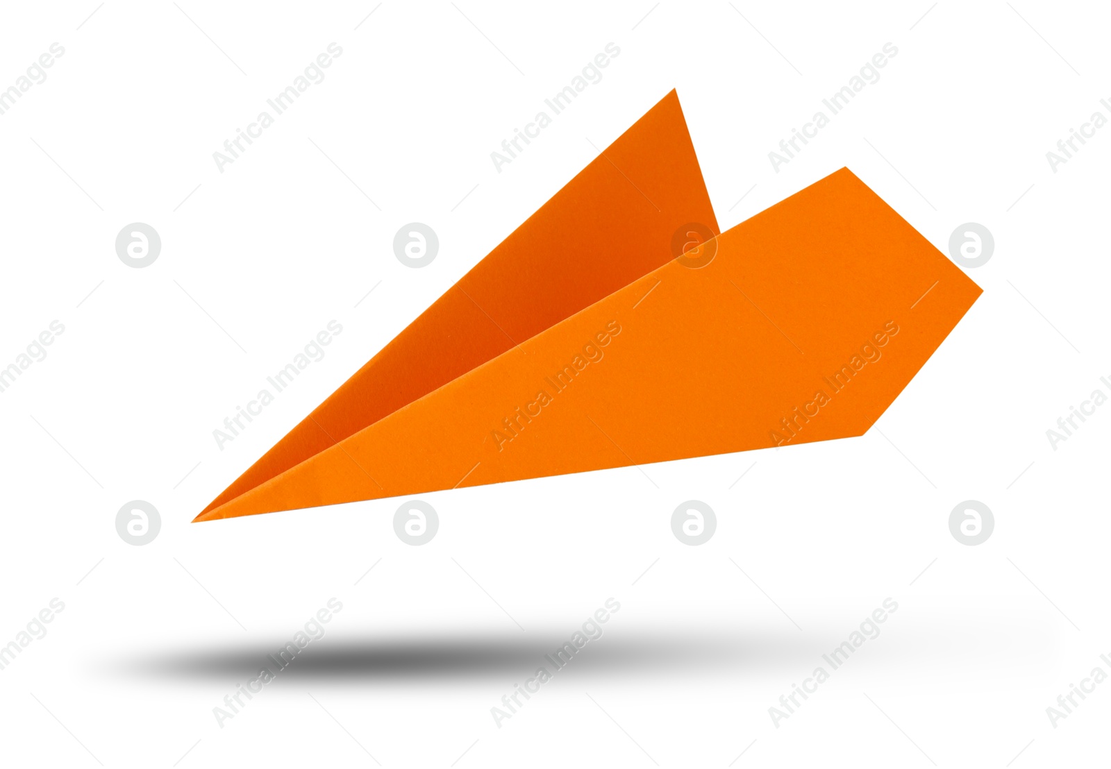 Image of Orange paper plane in air on white background