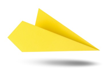 Image of Yellow paper plane in air on white background