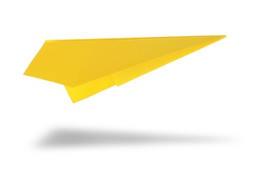 Image of Yellow paper plane in air on white background