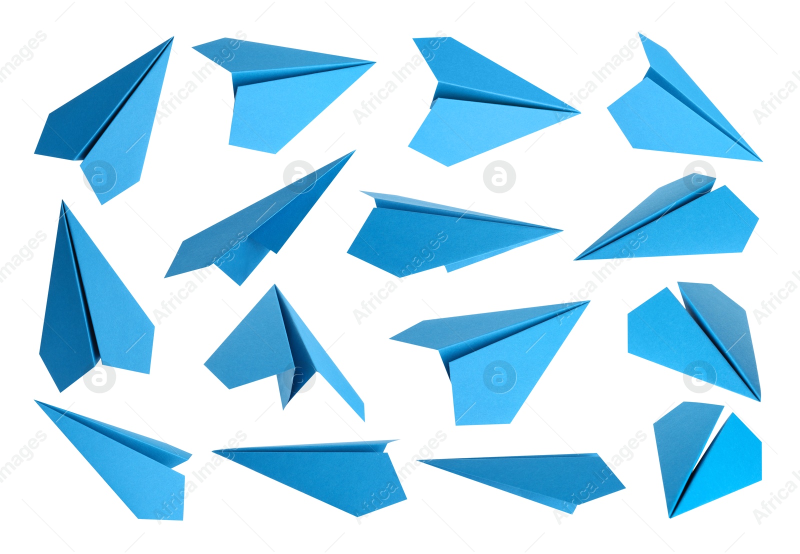 Image of Light blue paper planes on white background, set